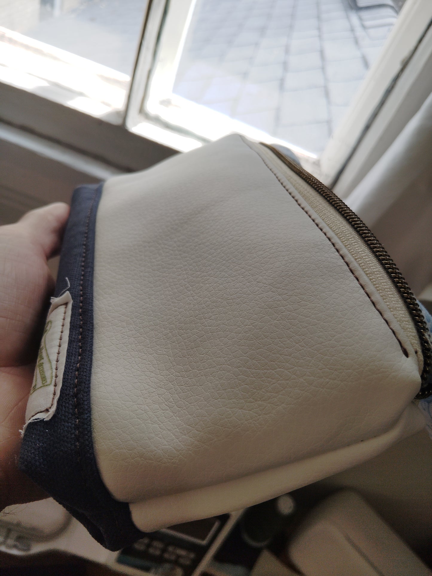 One of a kind- Cream/Snow vinyl leather and navy blue canvas Zip Pouch