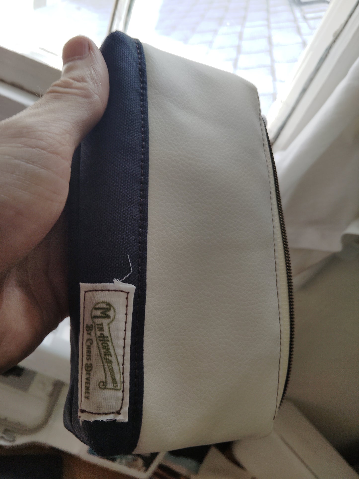 One of a kind- Cream/Snow vinyl leather and navy blue canvas Zip Pouch