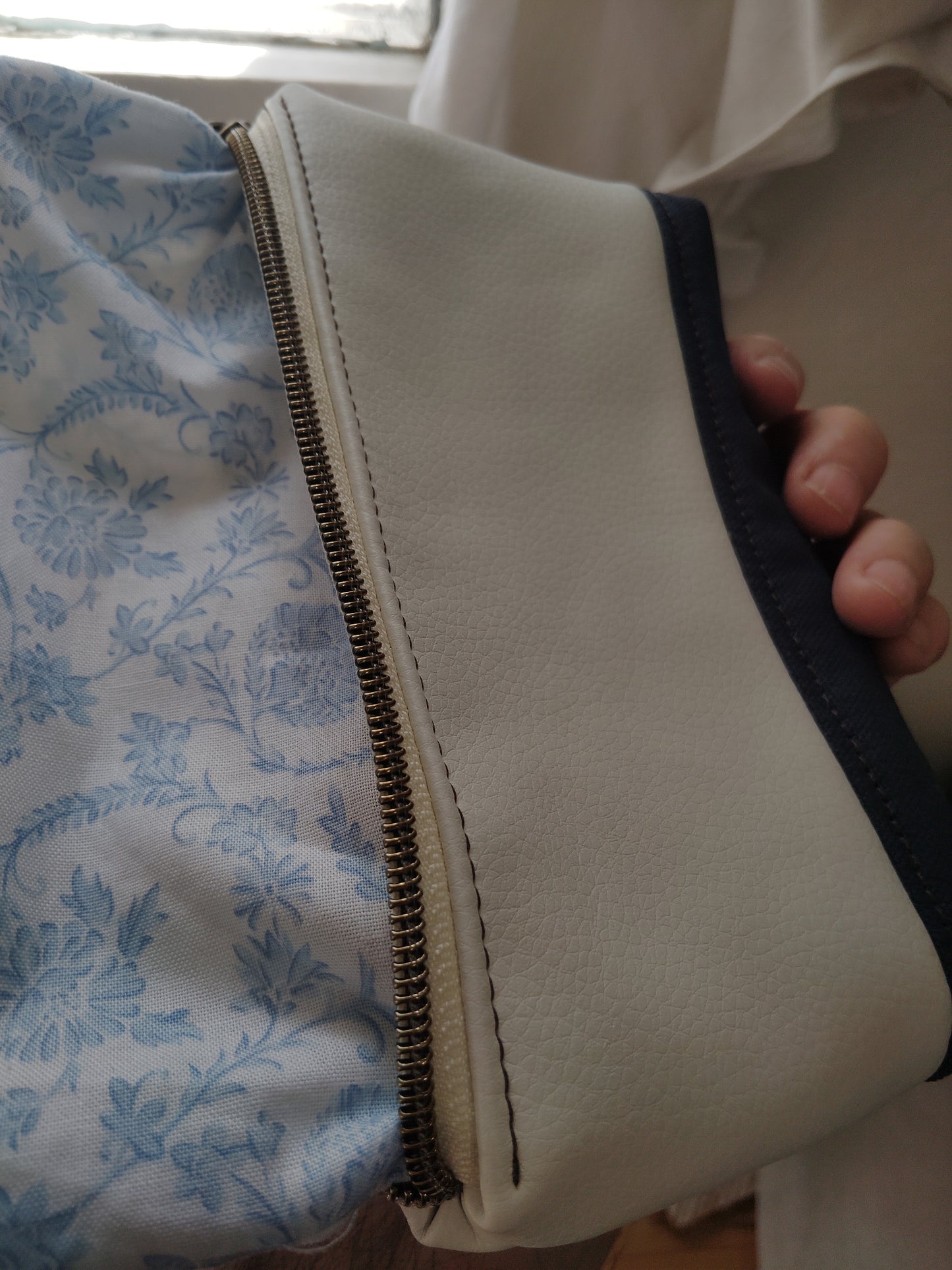 One of a kind- Cream/Snow vinyl leather and navy blue canvas Zip Pouch