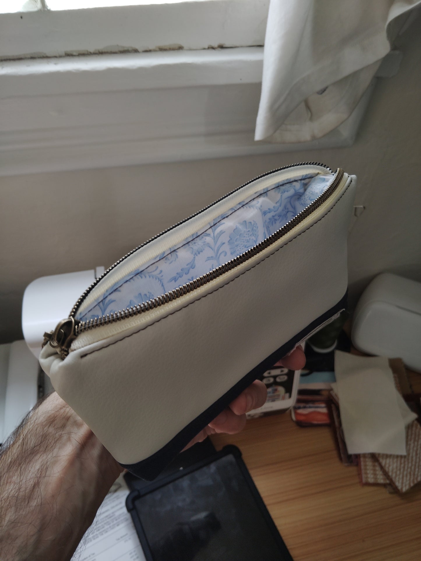 One of a kind- Cream/Snow vinyl leather and navy blue canvas Zip Pouch