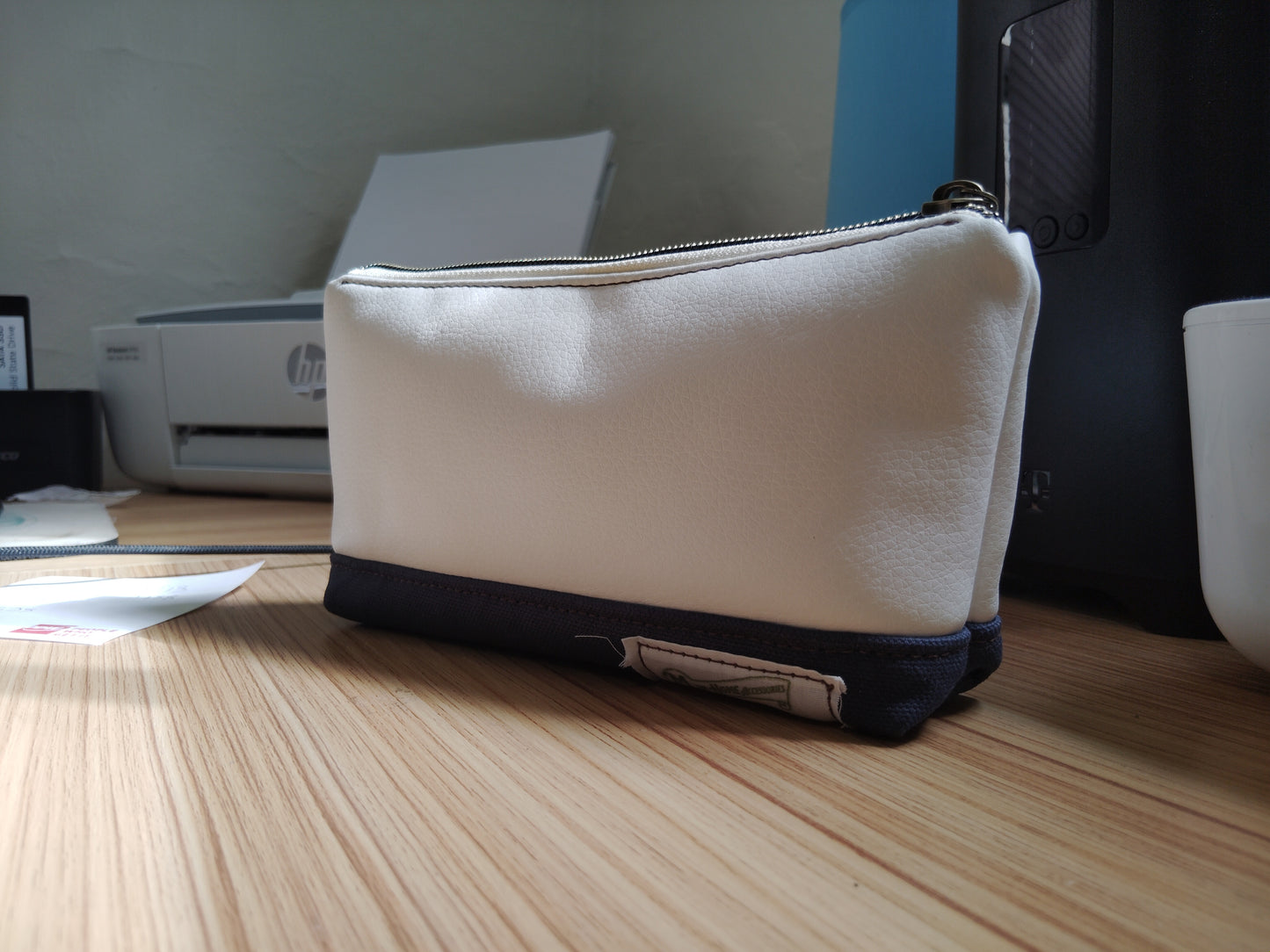 One of a kind- Cream/Snow vinyl leather and navy blue canvas Zip Pouch
