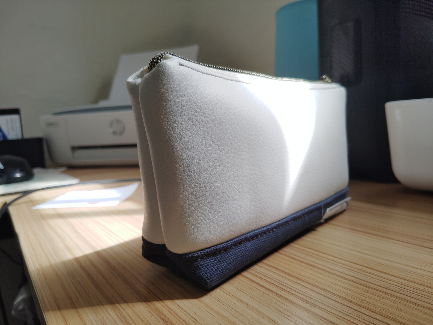 One of a kind- Cream/Snow vinyl leather and navy blue canvas Zip Pouch