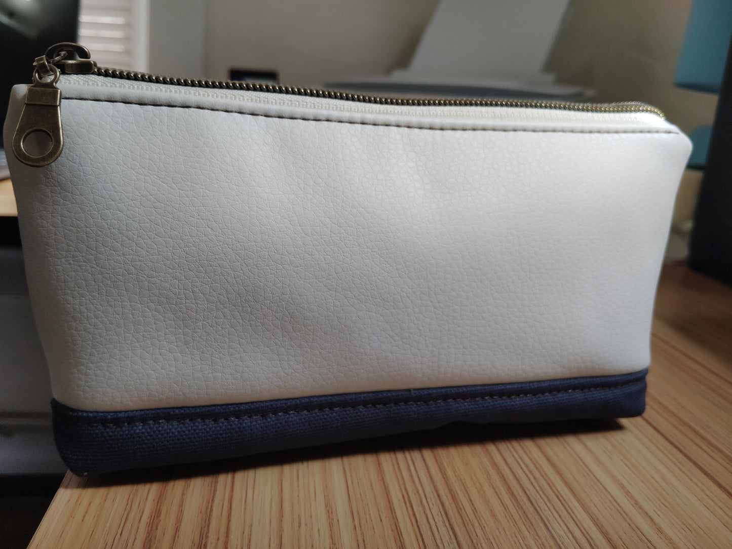 One of a kind- Cream/Snow vinyl leather and navy blue canvas Zip Pouch