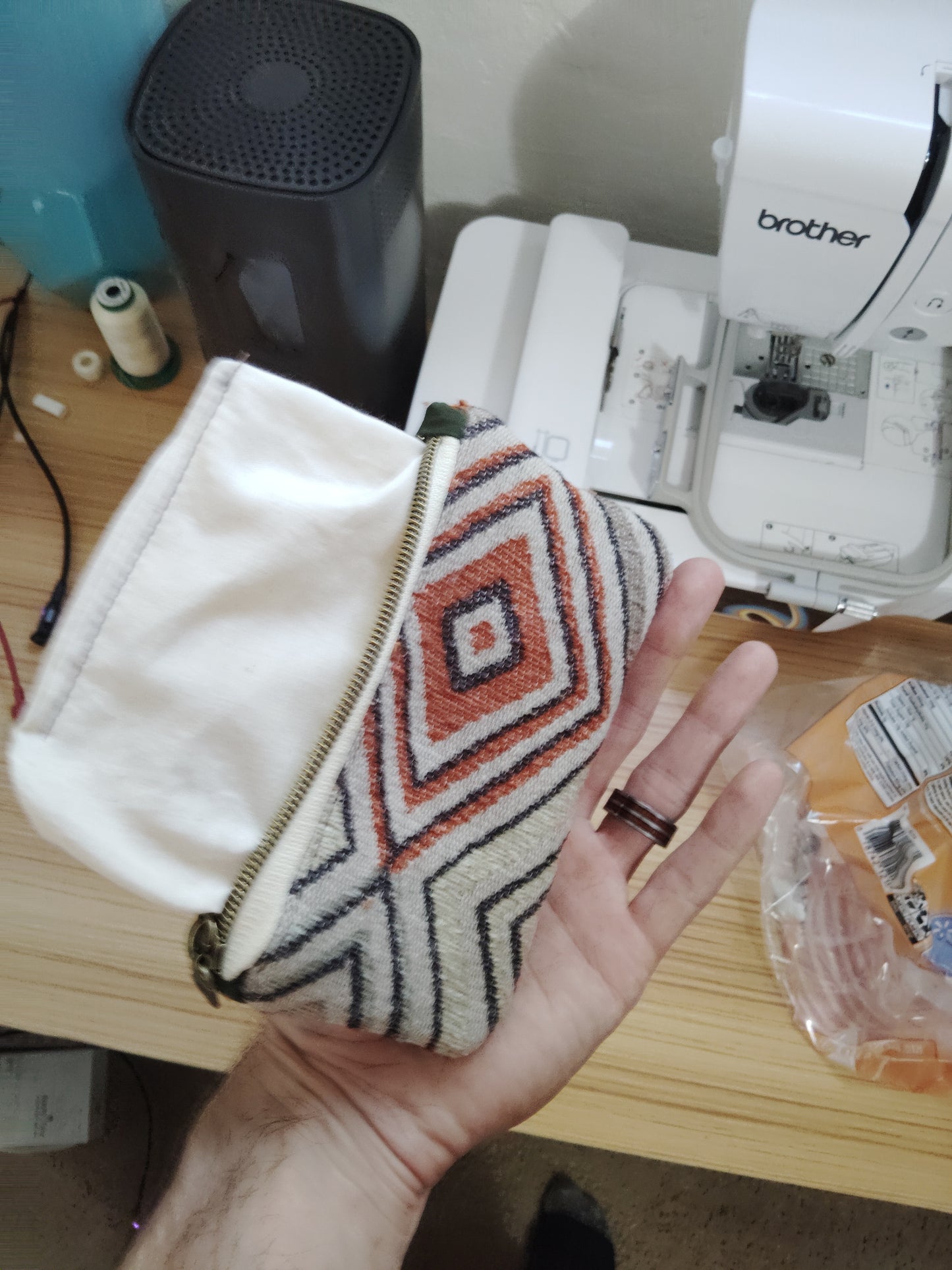 One of a kind Zip Pouch- Grey, orange, bluegray diamond, and Burnt orange back
