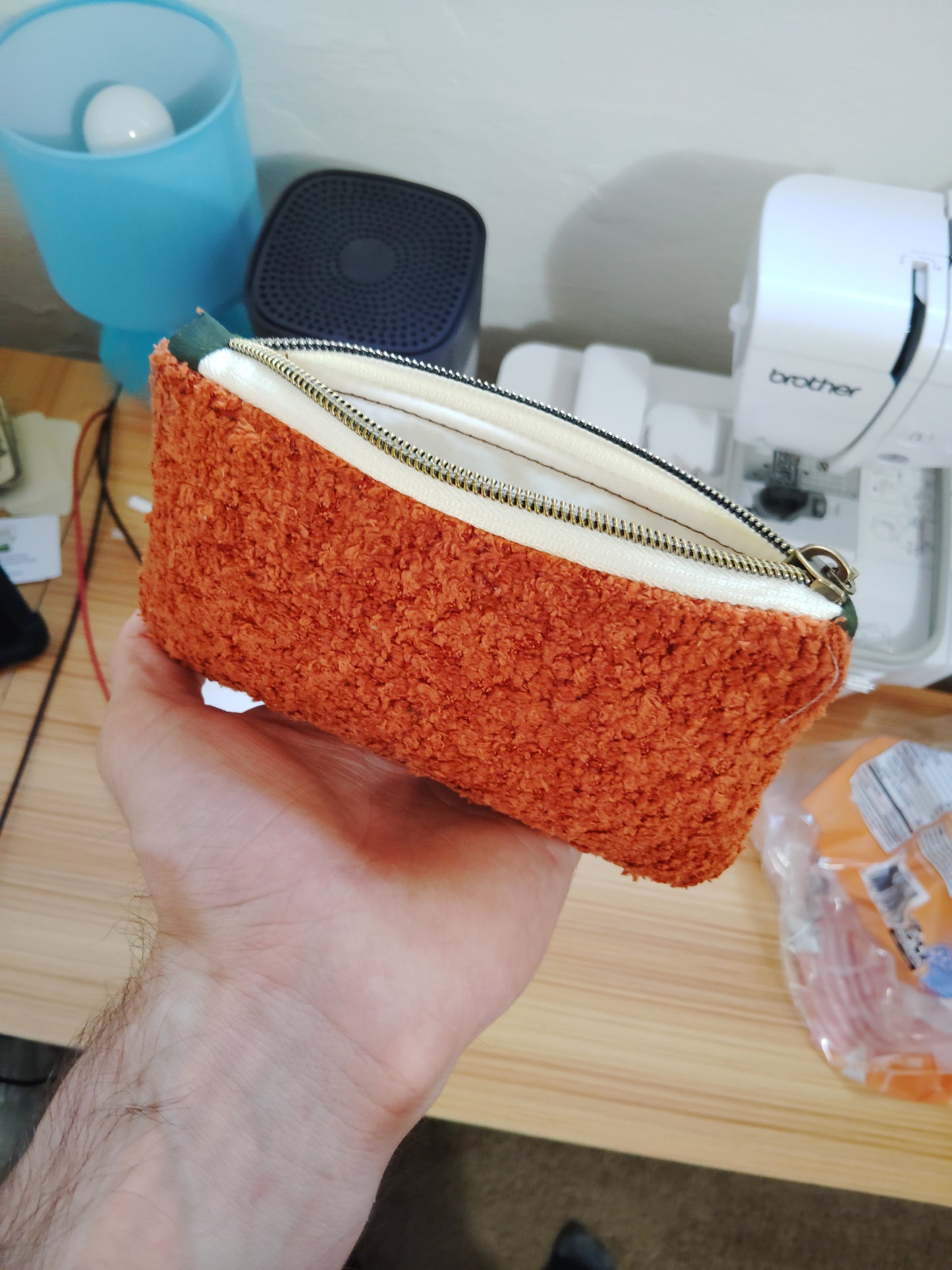One of a kind Zip Pouch- Grey, orange, bluegray diamond, and Burnt orange back