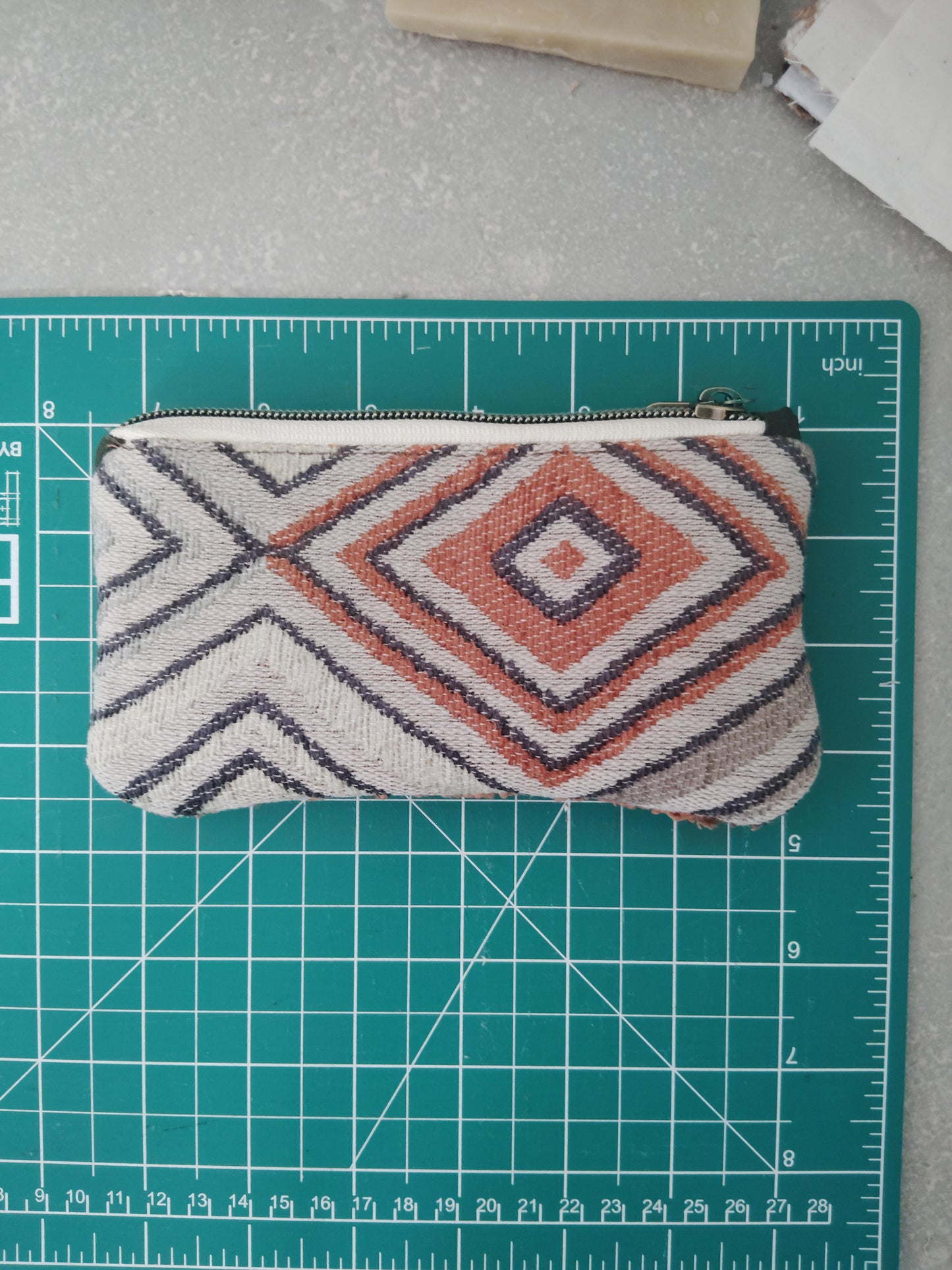 One of a kind Zip Pouch- Grey, orange, bluegray diamond, and Burnt orange back