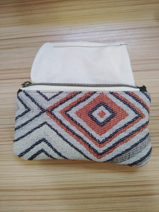 One of a kind Zip Pouch- Grey, orange, bluegray diamond, and Burnt orange back