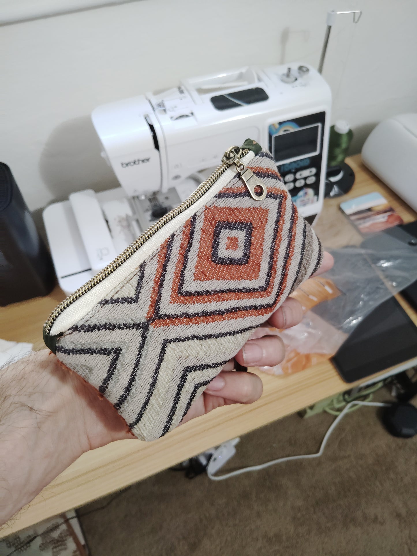 One of a kind Zip Pouch- Grey, orange, bluegray diamond, and Burnt orange back